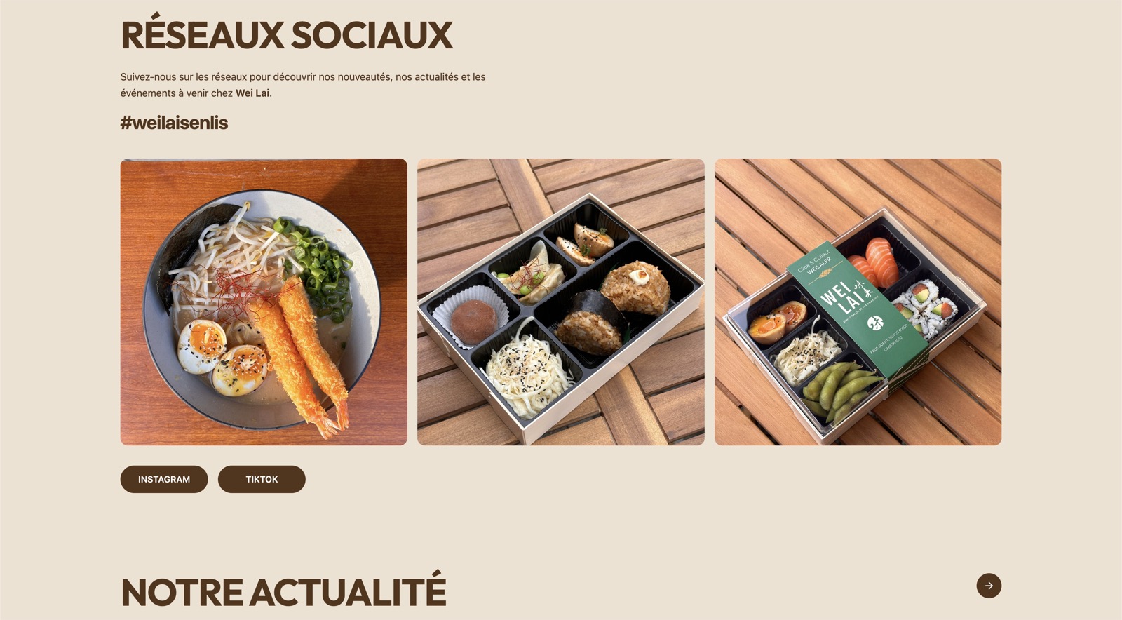 Section réseaux sociaux du site WEI LAI